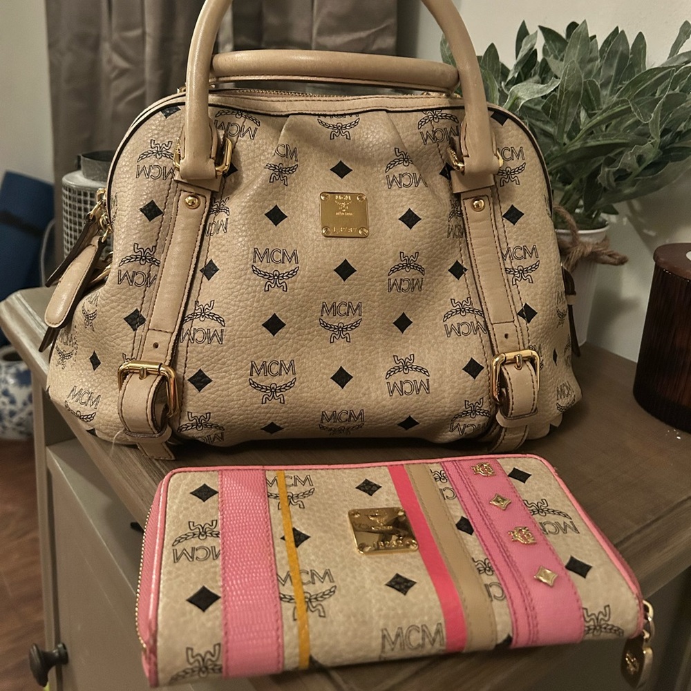 MCM Beige Monogram Satchel with Pink-Trim Wallet